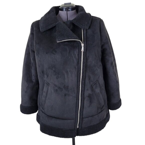 Loft Faux Suede Jacket Size XXXL Petite Aviator Zip Cuffs Buckles Pockets Fleece - Picture 1 of 14